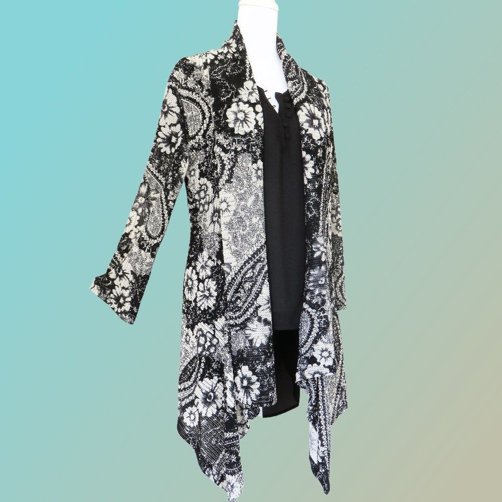 Lightweight Summer Sweater Black White Cardigan Long Handkerchief Hem..126